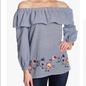 ZARA Gingham Floral Off The Shoulder Blouse